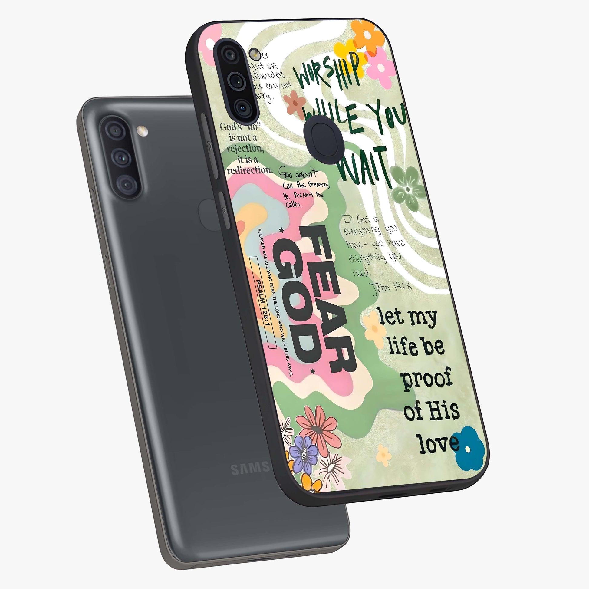 Faith Over Fear Glass Case displayed in angled mockup highlighting inspirational message design with modern aesthetic style.