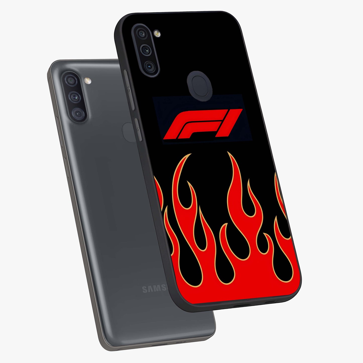 Fire F11 Glass Case displayed in angled mockup highlighting bold fire inspired graphic with energetic aesthetic style.