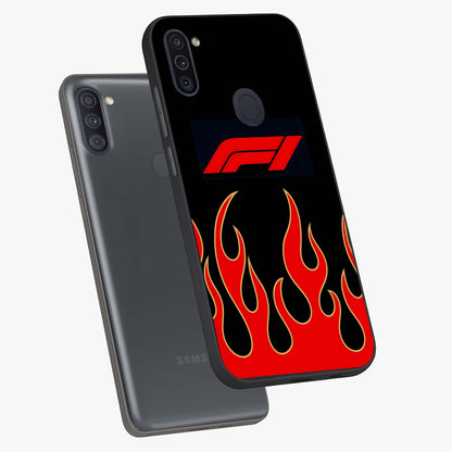 Fire F11 Glass Case displayed in angled mockup highlighting bold fire inspired graphic with energetic aesthetic style.