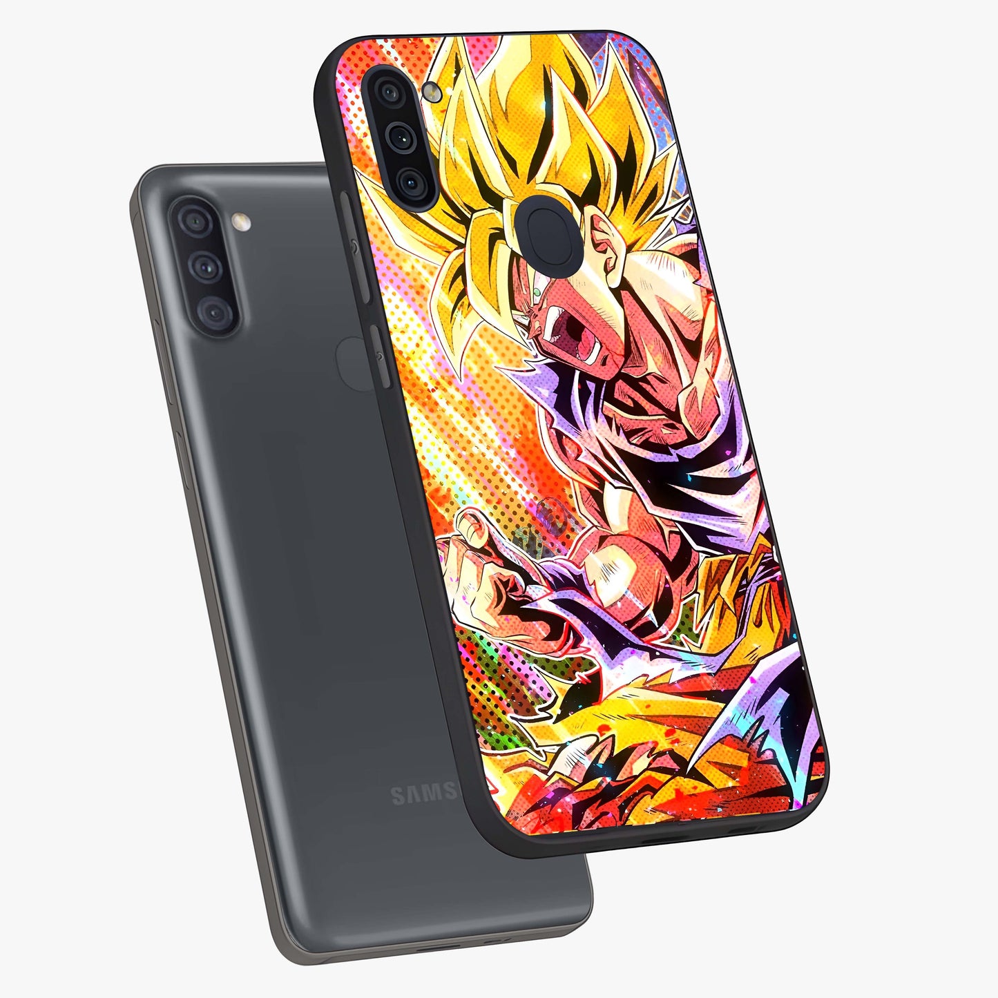 Firing Goku Glass Case displayed in angled mockup highlighting dynamic anime character design with action aesthetic.