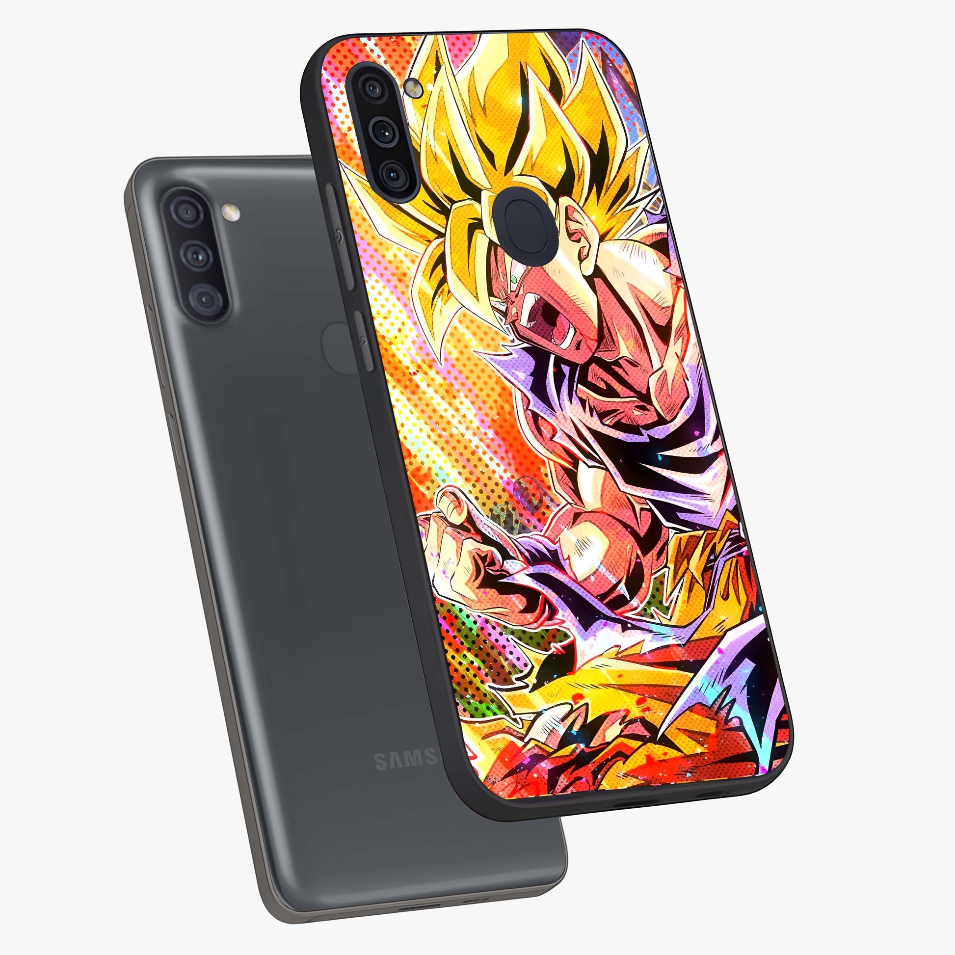 Firing Goku Glass Case displayed in angled mockup highlighting dynamic anime character design with action aesthetic.