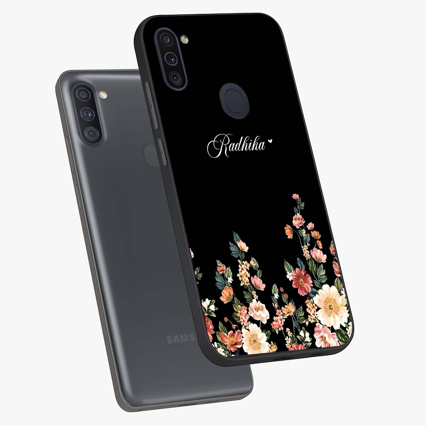 Floral Design With a Custom Personalized Name Glass Case displayed in angled mockup highlighting elegant floral pattern with custom name feature.