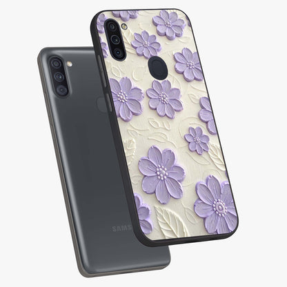 Floral Wall Art With Purple Flowers Glass Case displayed in angled mockup highlighting vibrant purple floral illustration with artistic aesthetic.