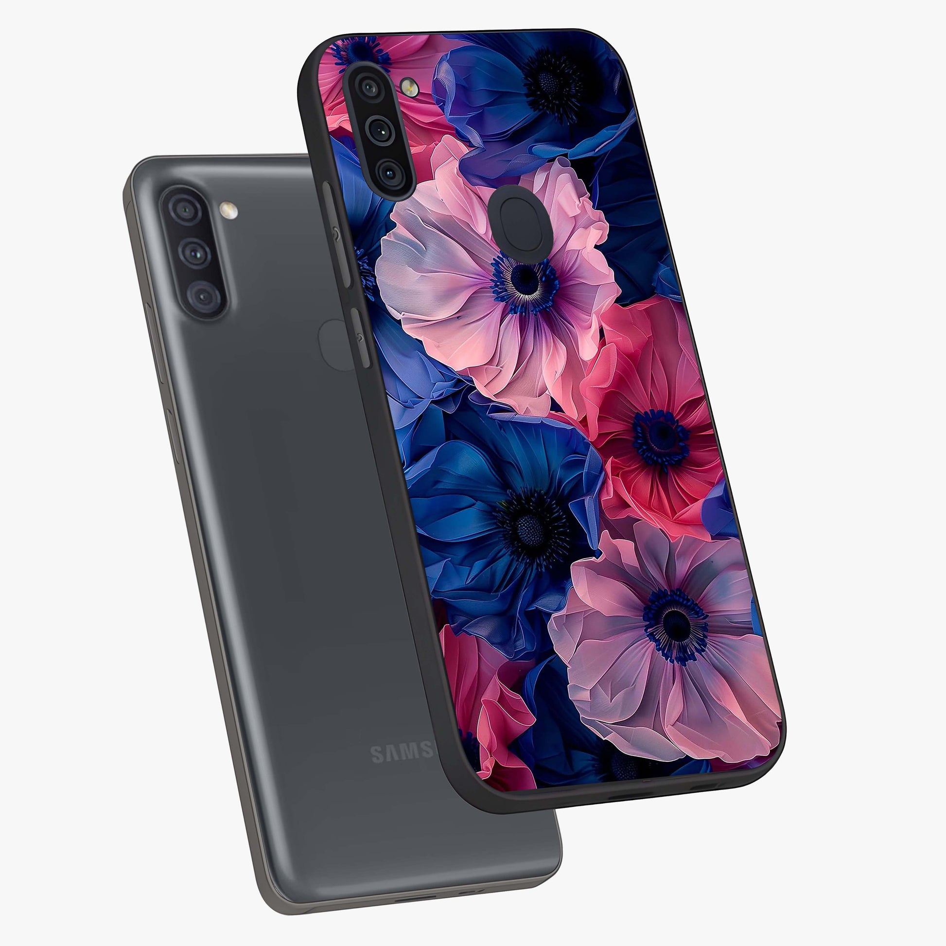 Flower Paper Art Pattern Glass Case displayed in angled mockup highlighting layered paper flower design with artistic aesthetic.