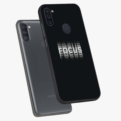 Focused Blade Discipline Glass Case displayed in angled mockup highlighting clean minimal text artwork with modern aesthetic style.