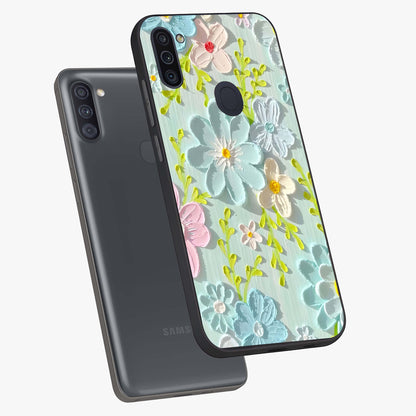 Frosted Petal Garden Glass Case displayed in angled mockup highlighting delicate flower petal design with calm garden aesthetic.