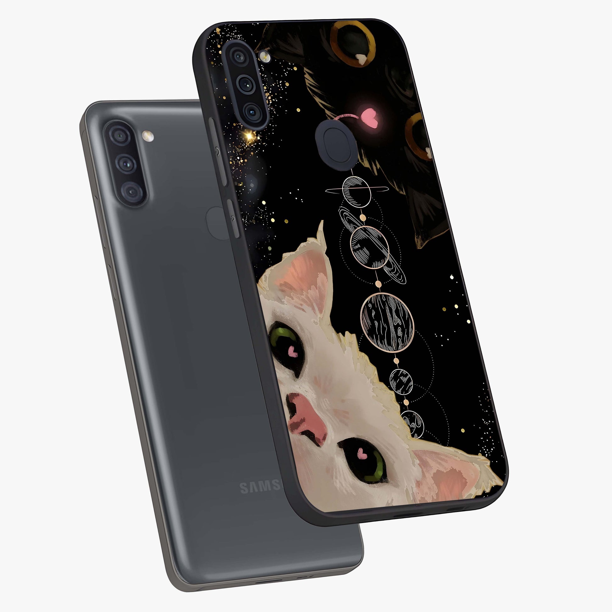 Galactic Cat Glass Case displayed in angled mockup highlighting celestial feline illustration with galaxy aesthetic style.