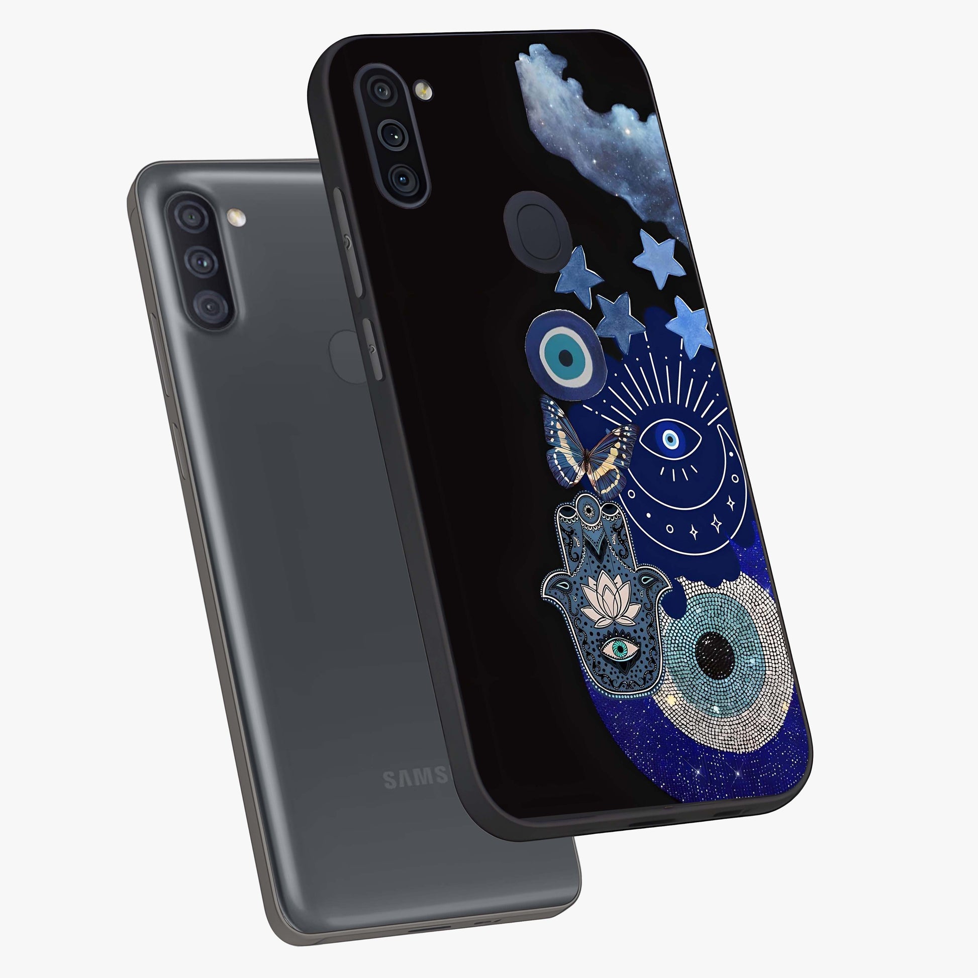 Galactic Charm Cluster Glass Case displayed in angled mockup highlighting luminous galaxy inspired design with dreamy aesthetic.
