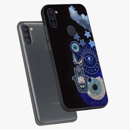 Galactic Charm Cluster Glass Case displayed in angled mockup highlighting luminous galaxy inspired design with dreamy aesthetic.
