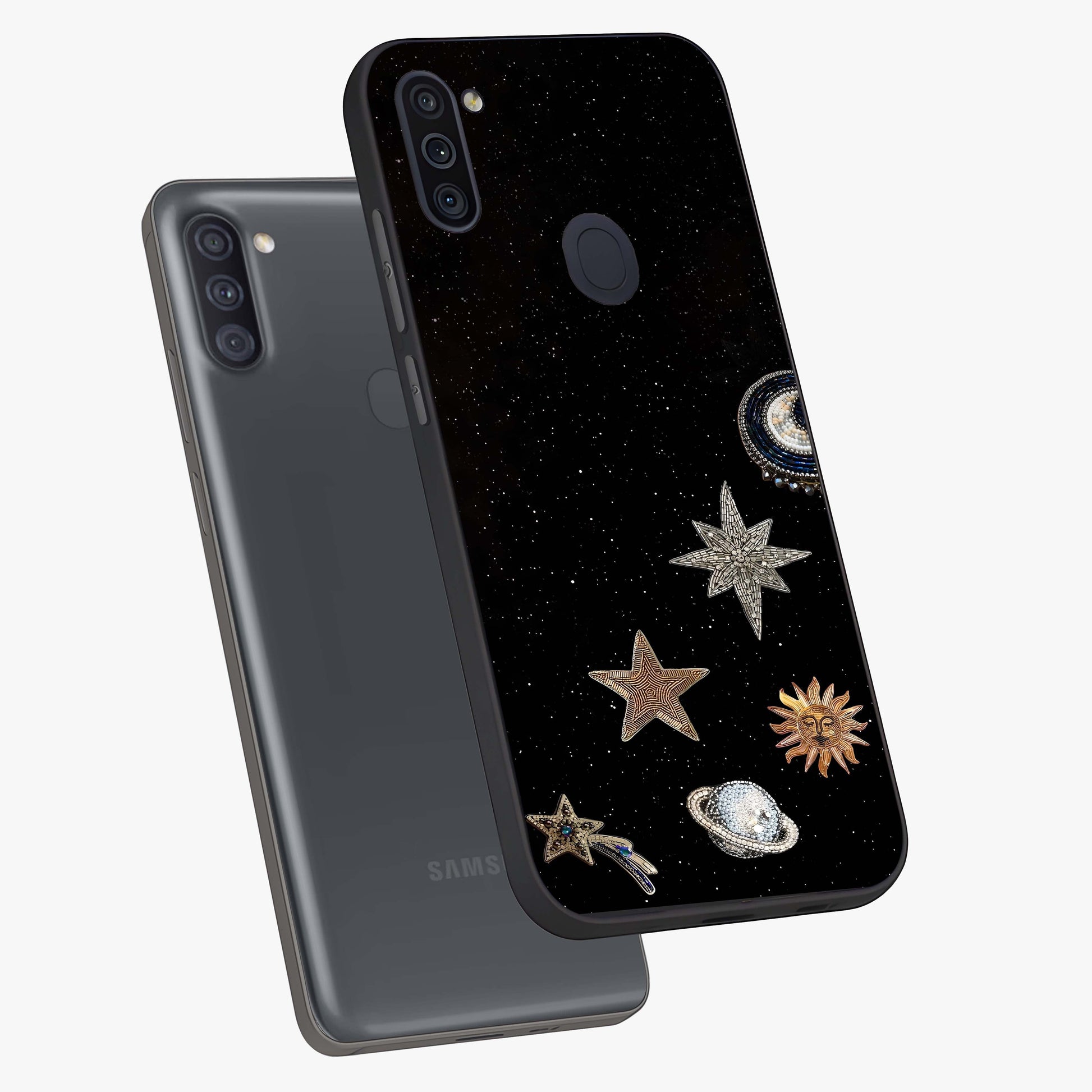 Galactic Charm Glow Glass Case displayed in angled mockup highlighting luminous galaxy inspired design with dreamy aesthetic.