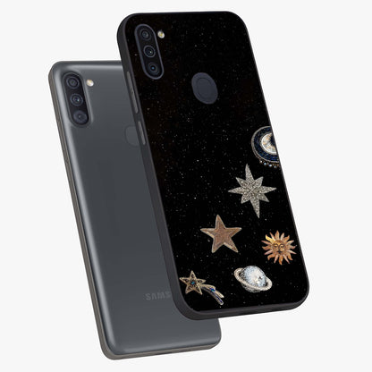 Galactic Charm Glow Glass Case displayed in angled mockup highlighting luminous galaxy inspired design with dreamy aesthetic.