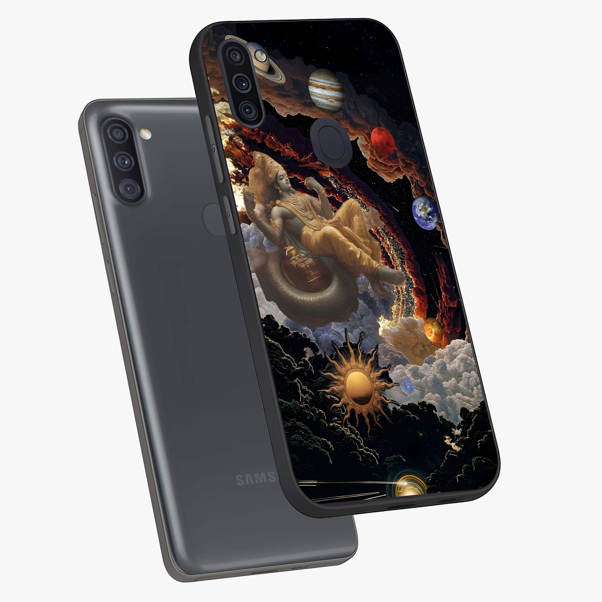Galactic Divine God Glass Case displayed in angled mockup highlighting powerful celestial deity illustration with galactic aesthetic.