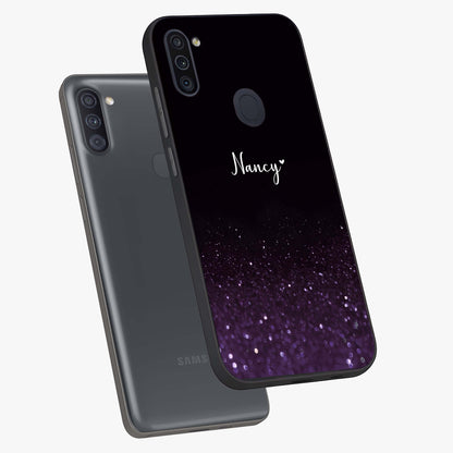 Glittery Purple Bokeh Custom Name Glass Case displayed in angled mockup highlighting glitter bokeh pattern with custom name feature.