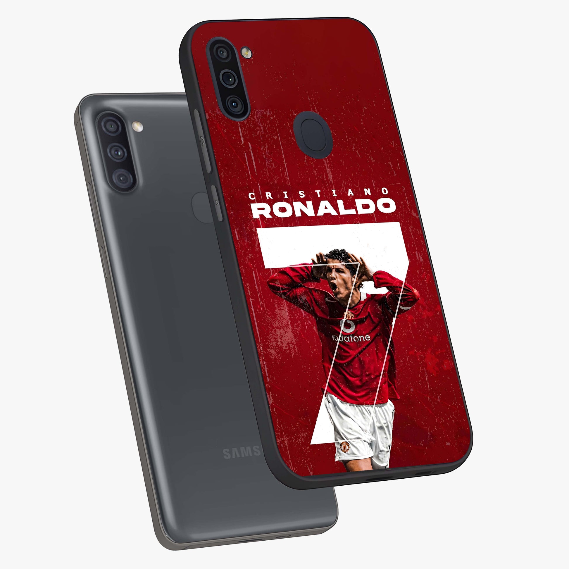 Goal Celebration Legacy Glass Case displayed in angled mockup highlighting energetic sports celebration design with bold athletic theme.