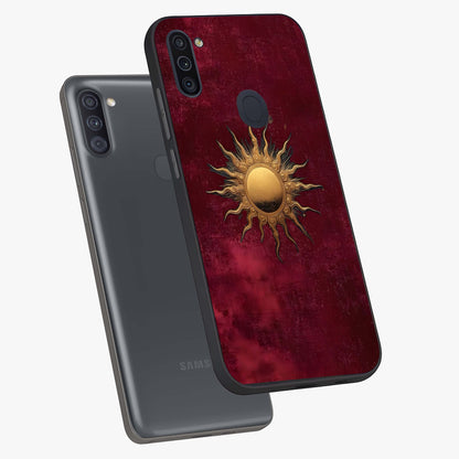 Golden Sun Minimalism Glass Case displayed in angled mockup highlighting clean sun symbol design with modern minimal aesthetic.
