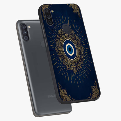Golden Celestial Charm Glass Case displayed in angled mockup highlighting sparkling cosmic charm design with celestial aesthetic.
