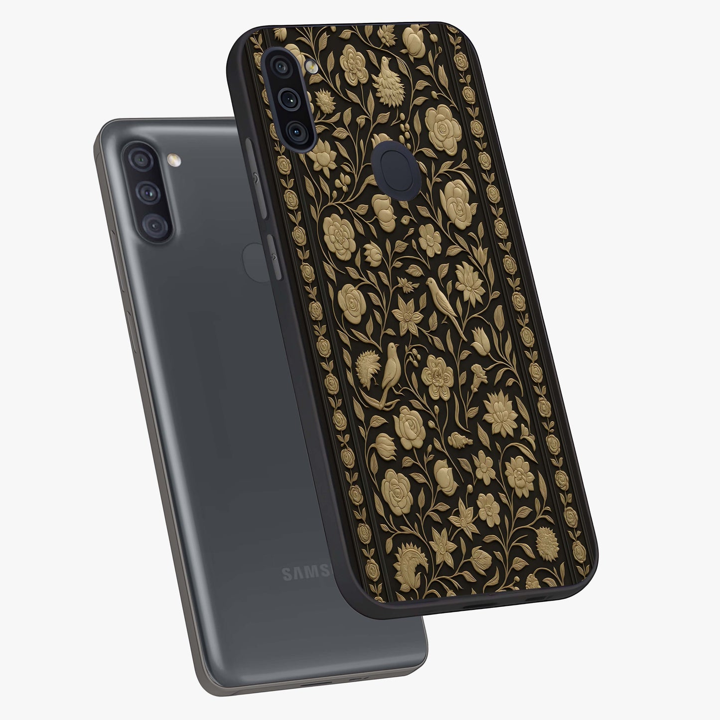 Golden Evil Eye Mandala Glass Case displayed in angled mockup highlighting protective evil eye symbol with golden mandala design.