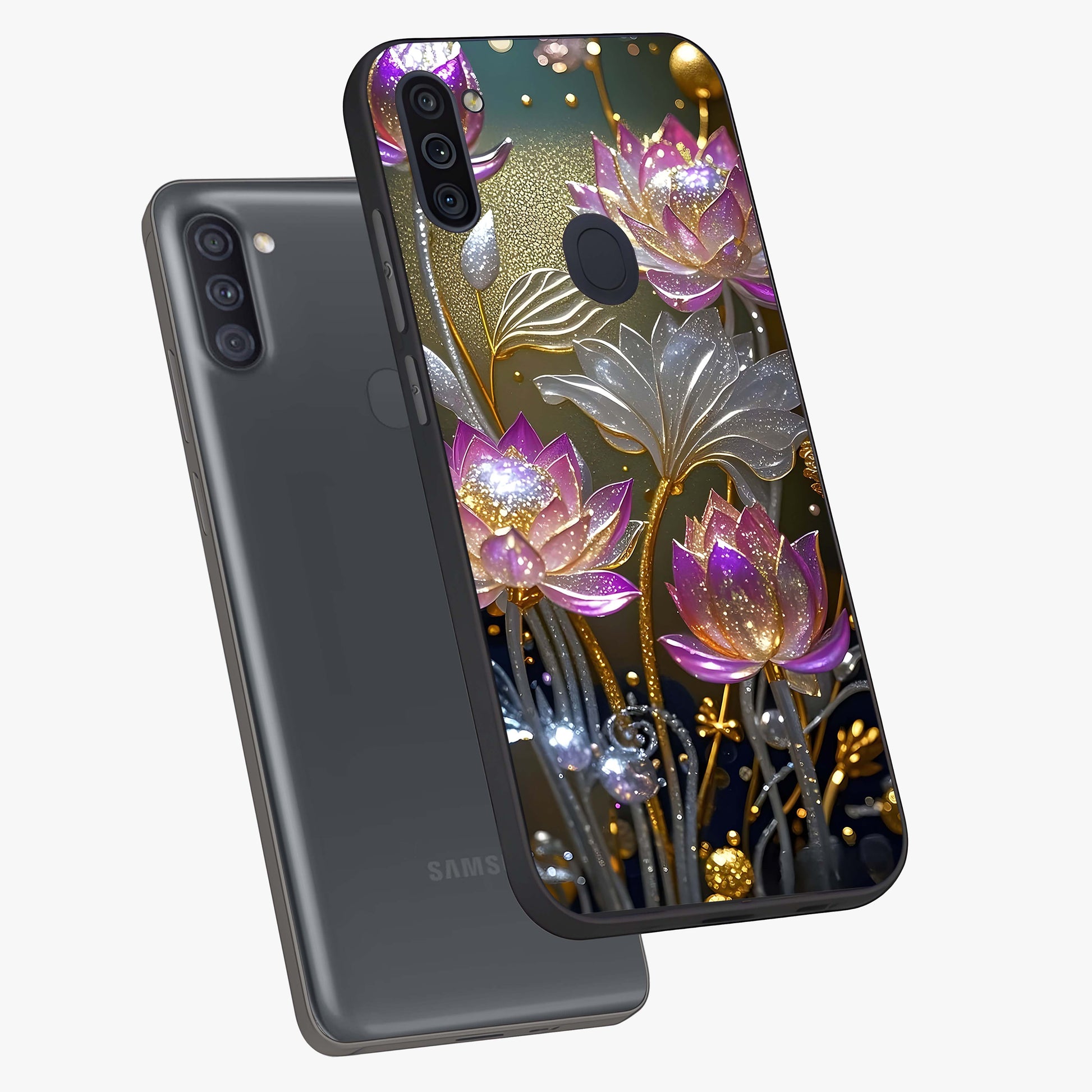 Golden Floral Majesty Glass Case displayed in angled mockup highlighting elegant flower design with royal golden aesthetic.