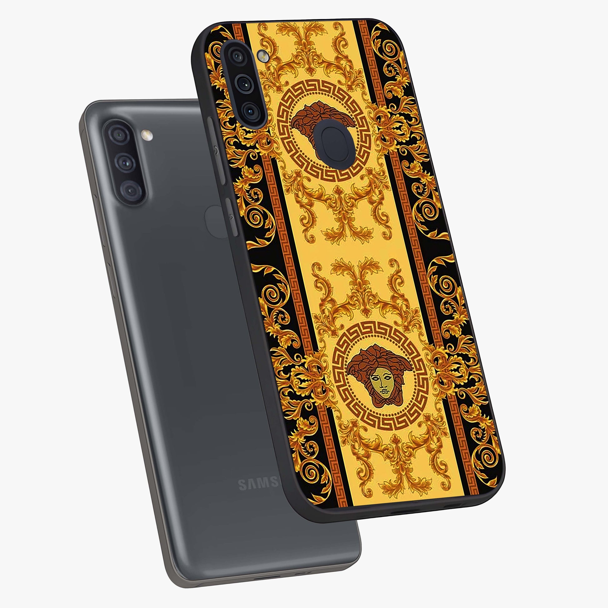 Golden Lotus Glow Glass Case displayed in angled mockup highlighting radiant lotus illustration with spiritual aesthetic.