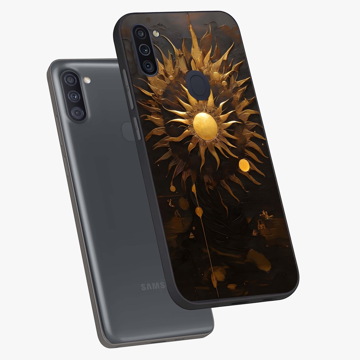 Golden Sun Majesty Glass Case displayed in angled mockup highlighting eerie shadow illustration with gothic aesthetic.