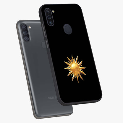 Golden Sun Minimalism Glass Case displayed in angled mockup highlighting eerie shadow illustration with gothic aesthetic.