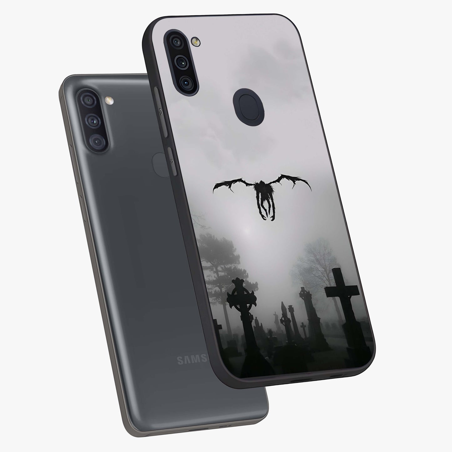 Graveyard Shadow Descent Glass Case displayed in angled mockup highlighting eerie shadow illustration with gothic aesthetic.