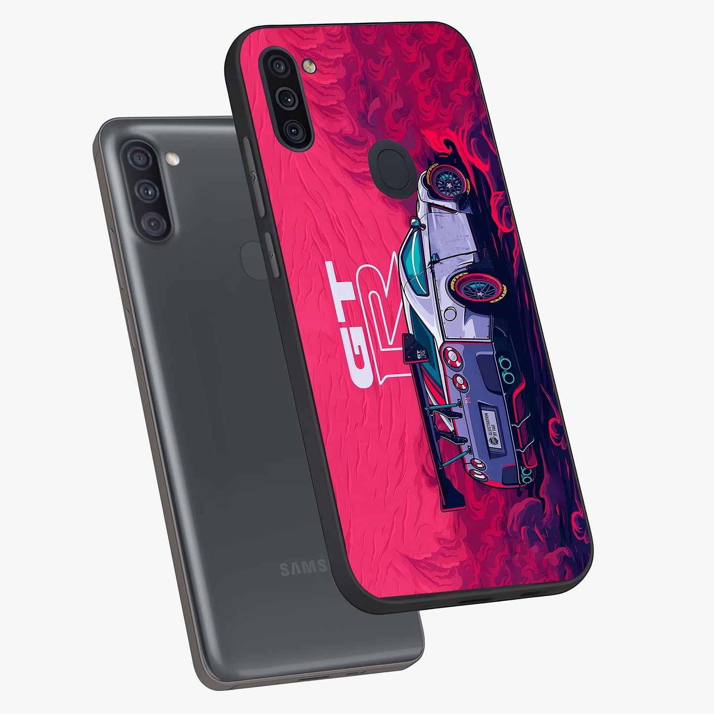 GT-R Car Pattern Glass Case displayed in angled mockup highlighting racing car graphic design with bold automotive aesthetic.