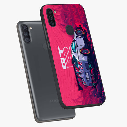 GT-R Car Pattern Glass Case displayed in angled mockup highlighting racing car graphic design with bold automotive aesthetic.