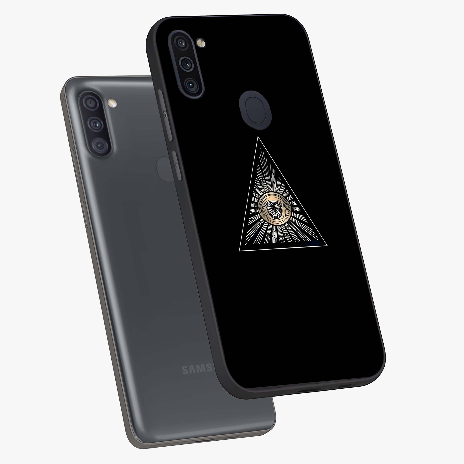 Illuminati Evil Glass Case displayed in angled mockup highlighting dark occult inspired design with bold aesthetic style.