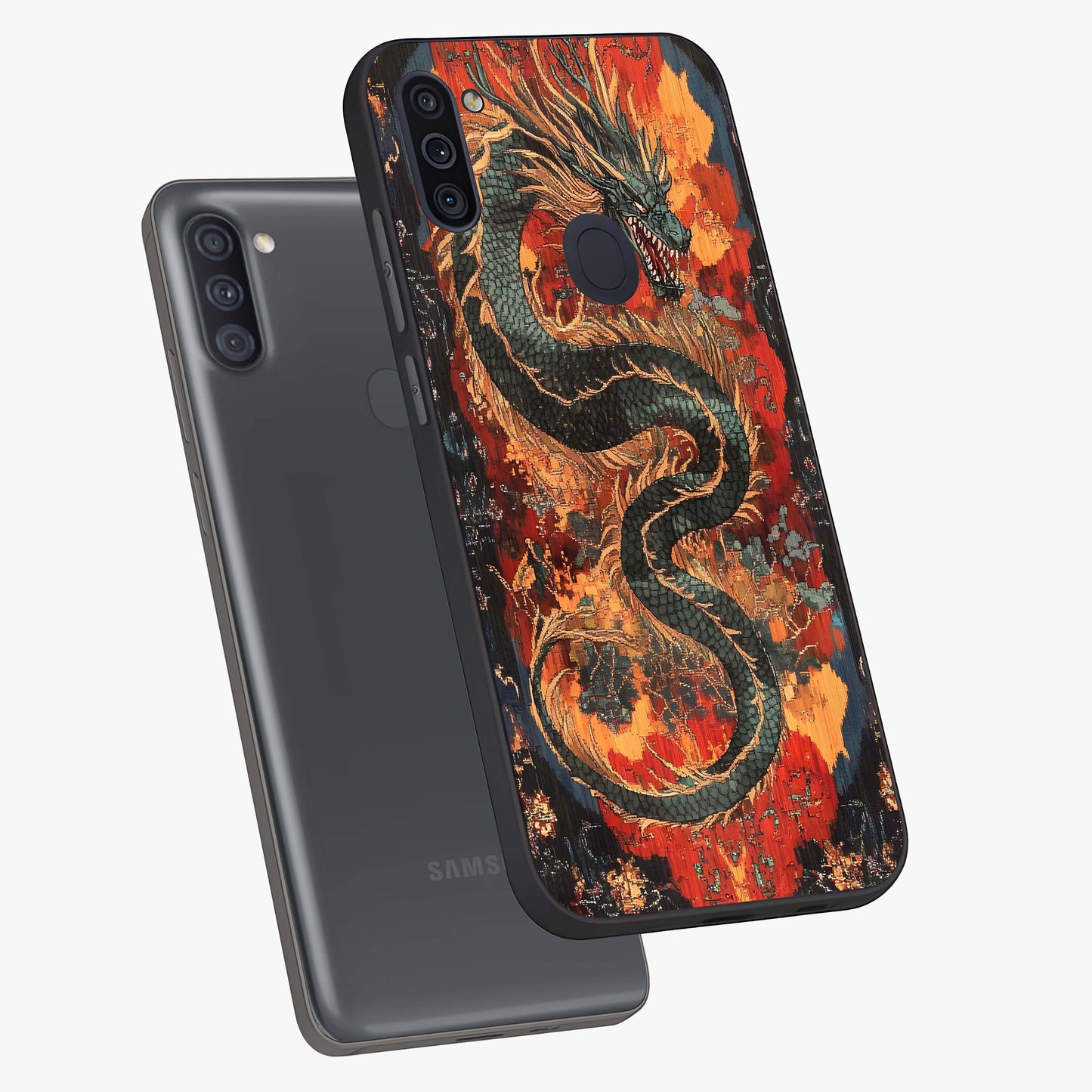 Inferno Dragon Soul Glass Case displayed in angled mockup highlighting powerful dragon illustration with inferno aesthetic.