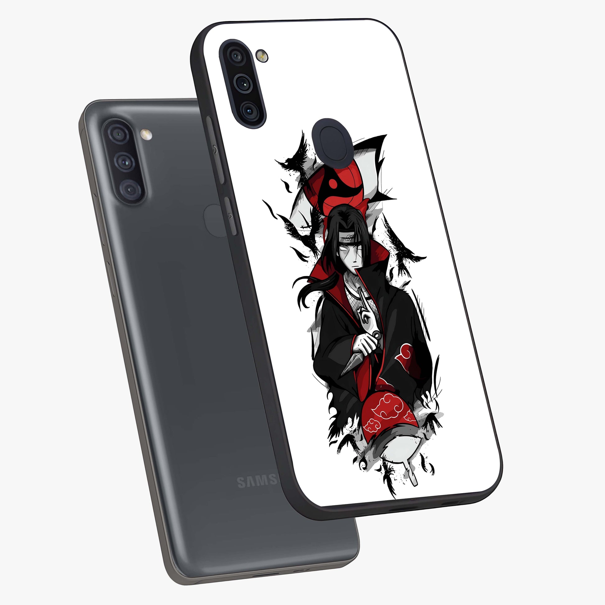 Itachi Limited Edition Naruto Anime Glass Case displayed in angled mockup highlighting dramatic anime illustration with bold action aesthetic.