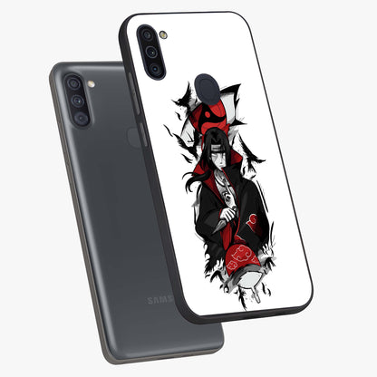 Itachi Limited Edition Naruto Anime Glass Case displayed in angled mockup highlighting dramatic anime illustration with bold action aesthetic.
