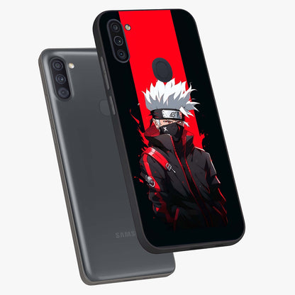 Kakashi Scarlet Shadow Glass Case displayed in angled mockup highlighting dramatic ninja illustration with scarlet themed aesthetic.