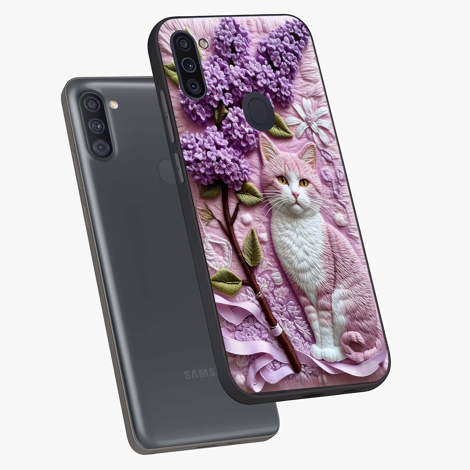 Lavender Cat Whimsy Glass Case displayed in angled mockup highlighting playful feline illustration with pastel lavender aesthetic.