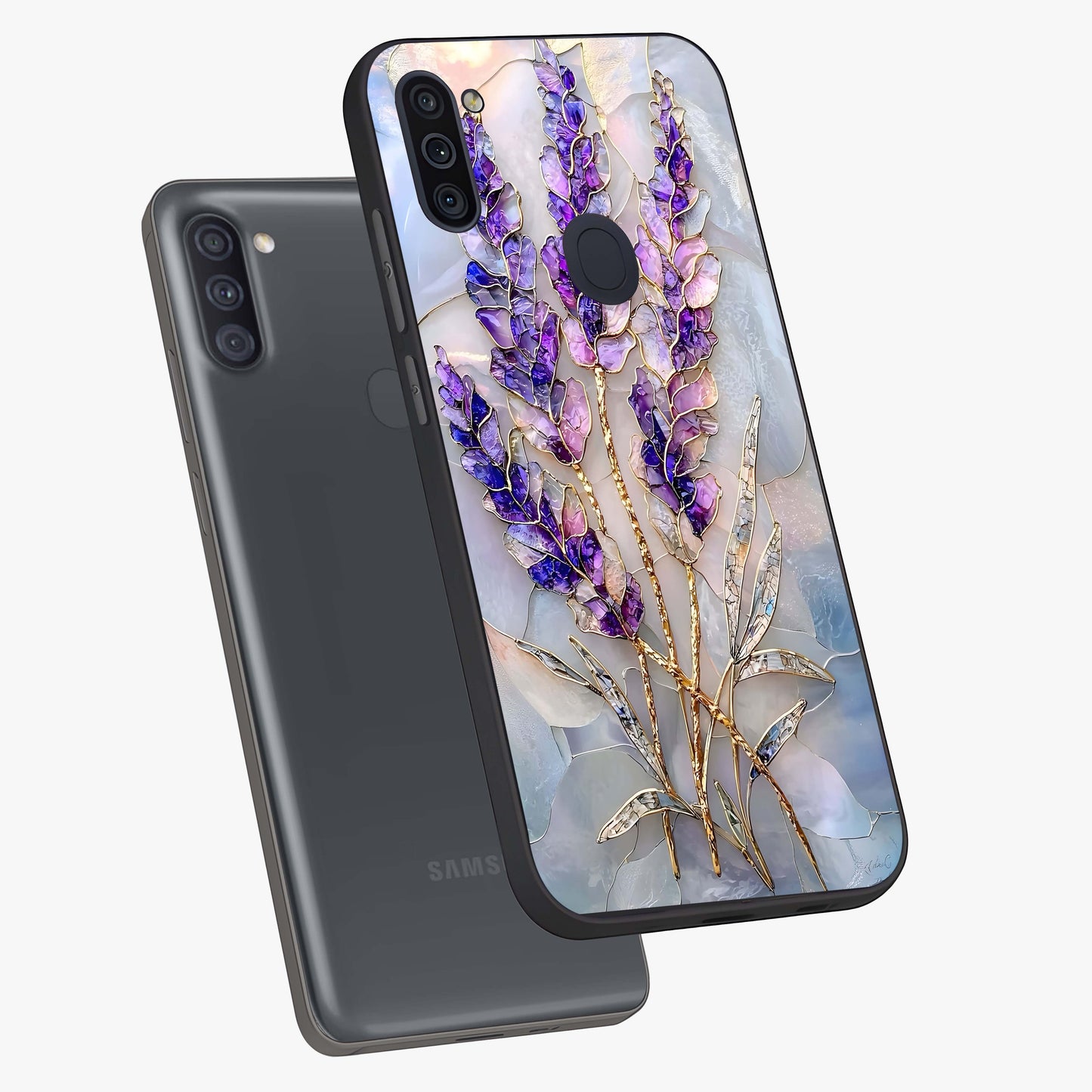 Lavender Dream Glow Glass Case displayed in angled mockup highlighting dreamy purple glow design with soft artistic style.