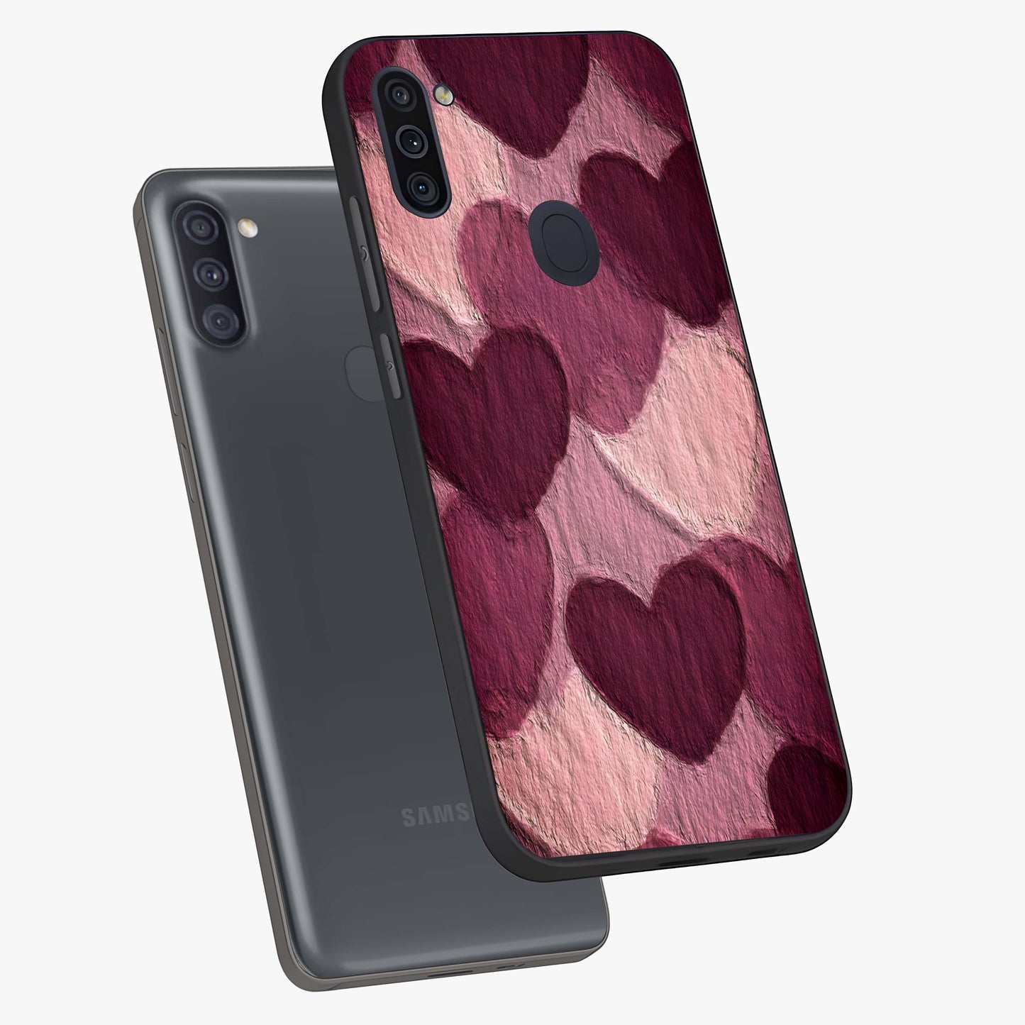 Layered Paper Hearts Glass Case displayed in angled mockup highlighting creative paper craft heart design with romantic aesthetic.