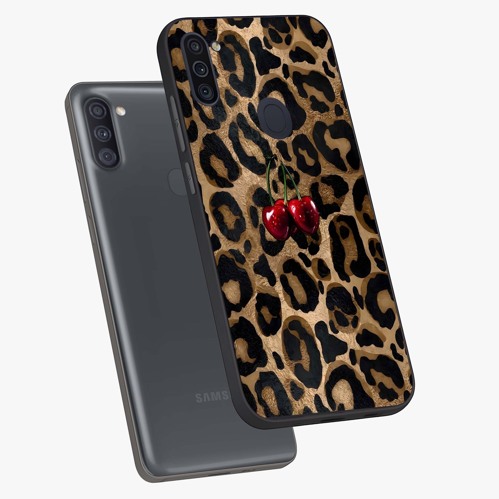 Leopard Wild Cherry Glass Case displayed in angled mockup highlighting bold animal print design with playful cherry aesthetic.