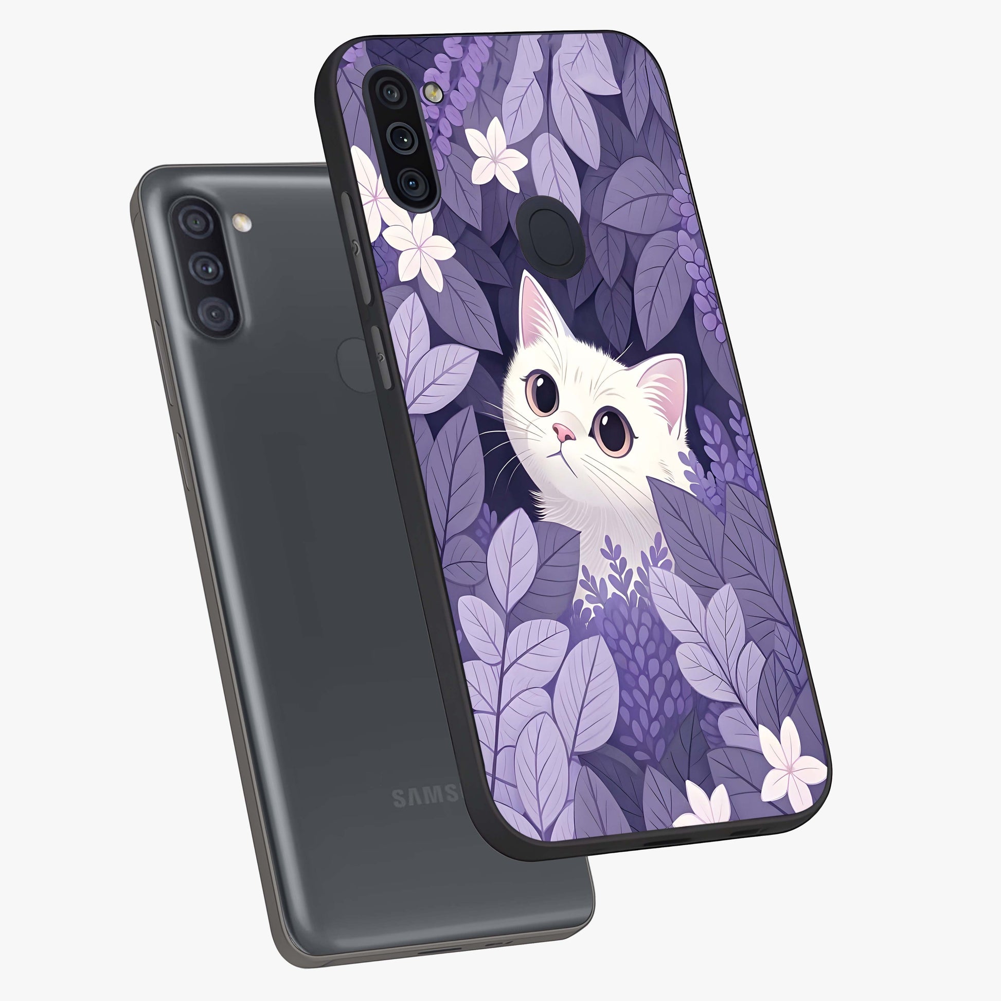 Lilac Hide Peek Cat Glass Case displayed in angled mockup highlighting playful feline illustration with lilac aesthetic design.