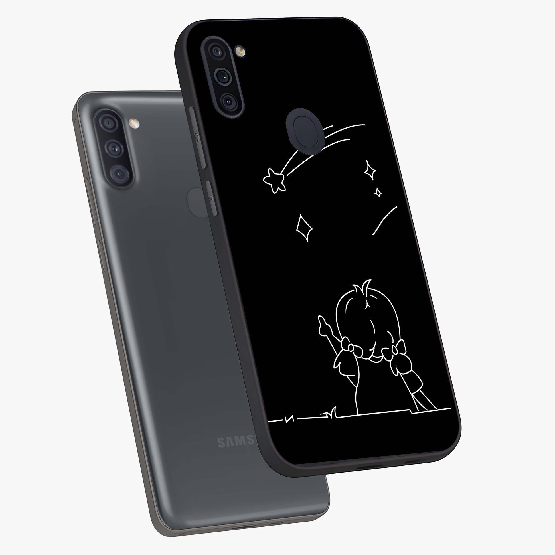 Line Art Girl With Shooting Stars Glass Case displayed in angled mockup highlighting elegant line art design with dreamy star aesthetic.