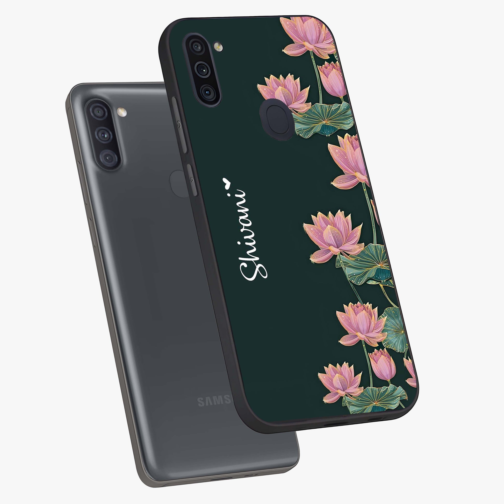 Lotus Bloom Serenity Custom Name Glass Case displayed in angled mockup highlighting graceful lotus illustration with custom name feature.