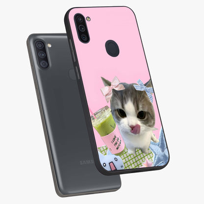 Love Matcha Cat Glass Case displayed in angled mockup highlighting playful feline illustration with cozy matcha aesthetic.