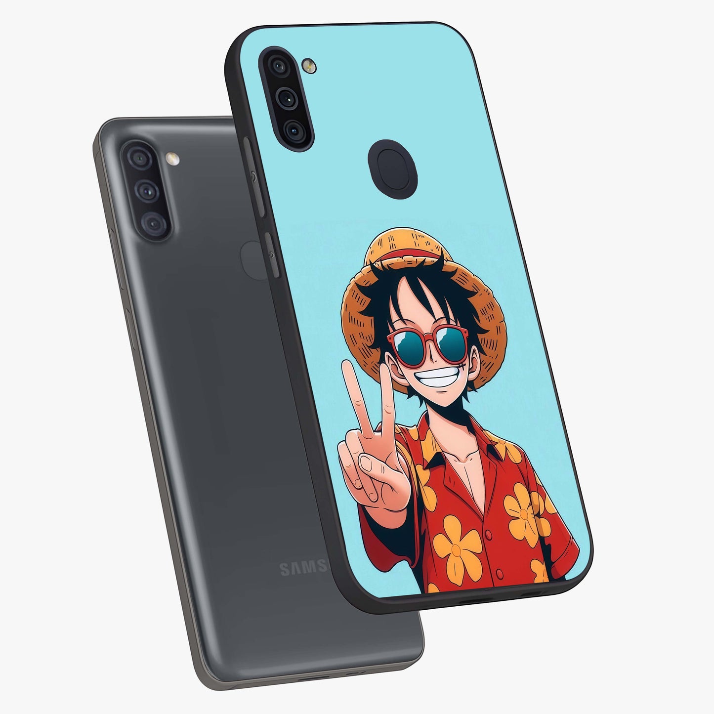 Luffy Summer Anime Vibe Glass Case displayed in angled mockup highlighting energetic anime illustration with summer vibe aesthetic.