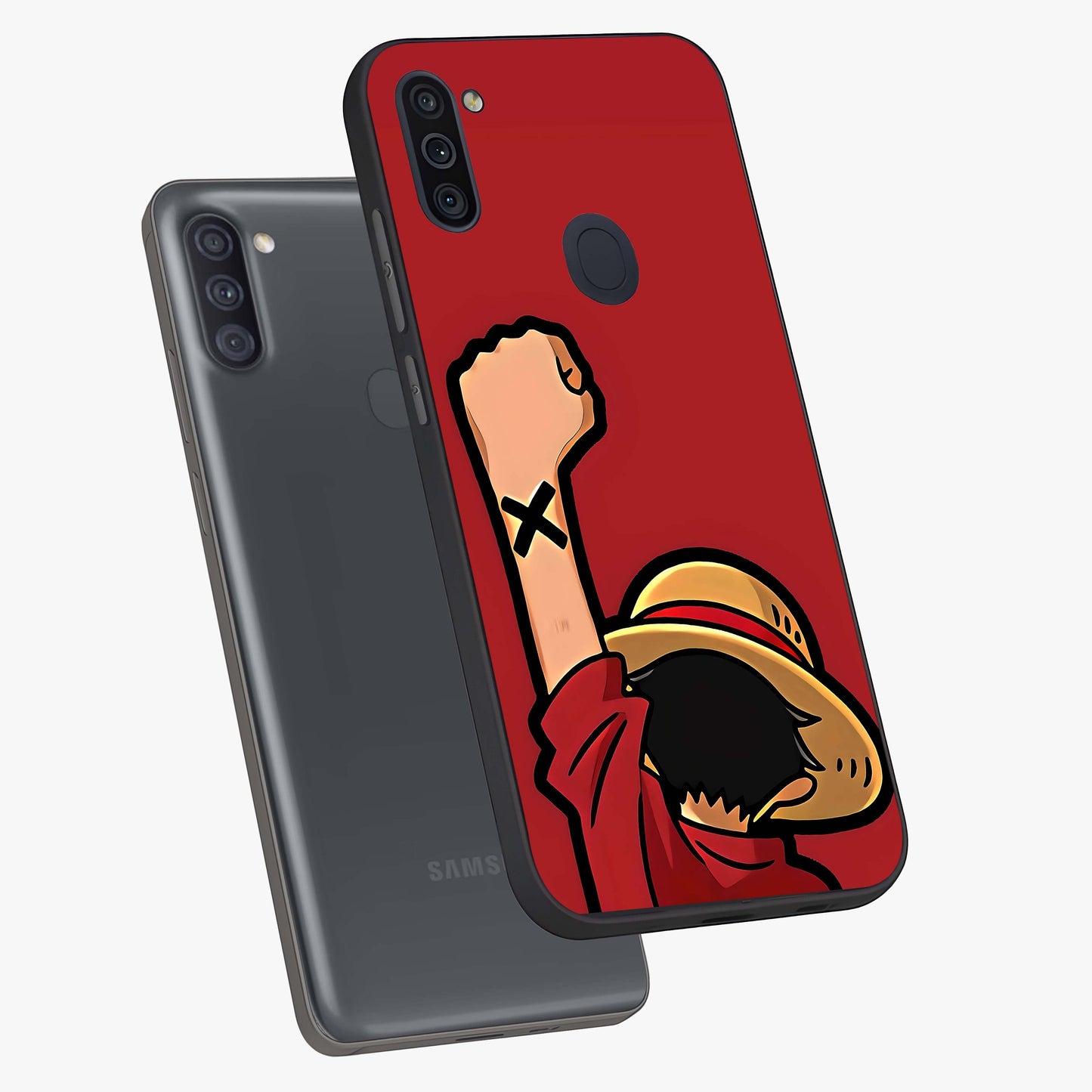 Luffy X Spirit Glass Case displayed in angled mockup highlighting powerful anime design with energetic action aesthetic.