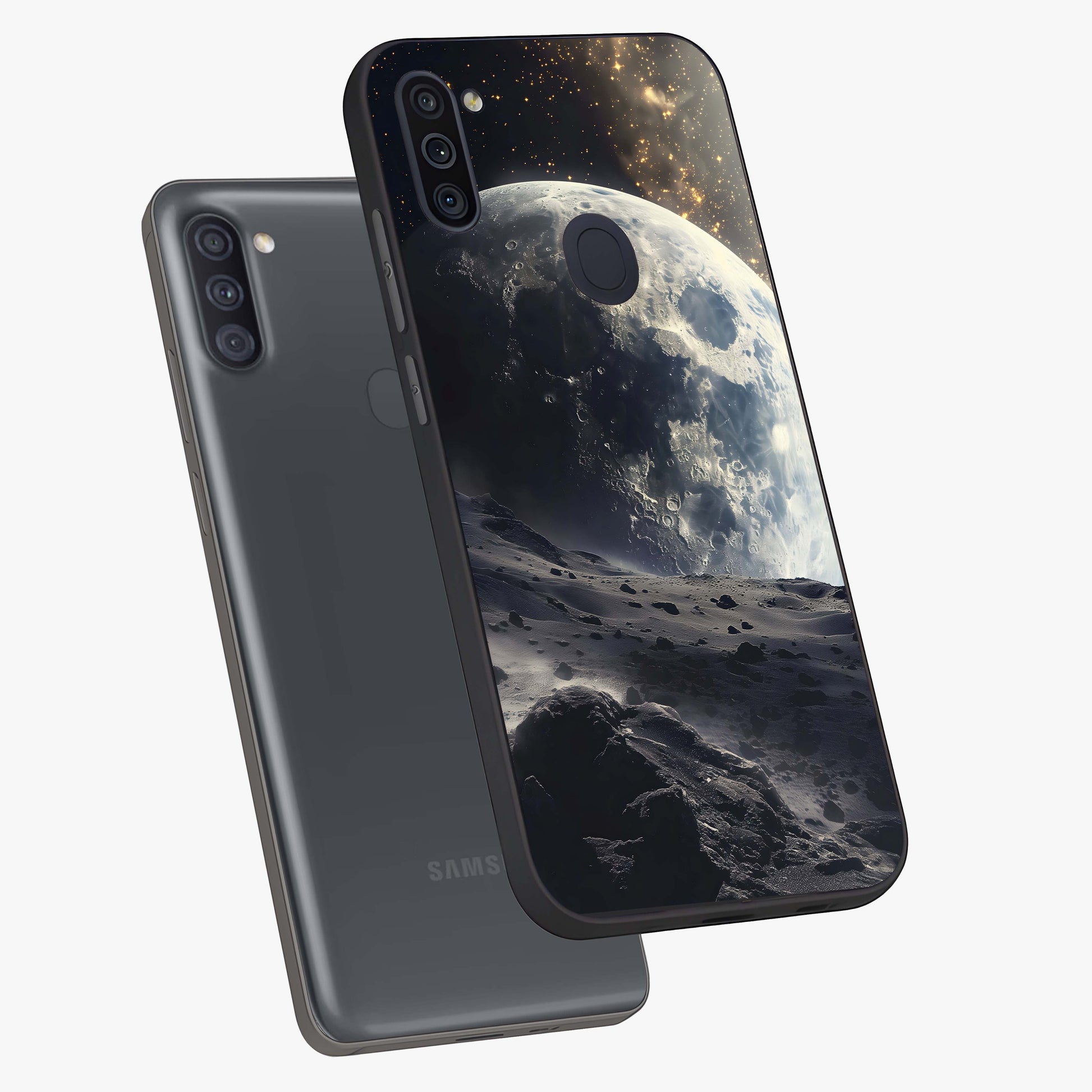 Lunar Horizon Glow Glass Case displayed in angled mockup highlighting celestial moon design with dreamy night aesthetic.