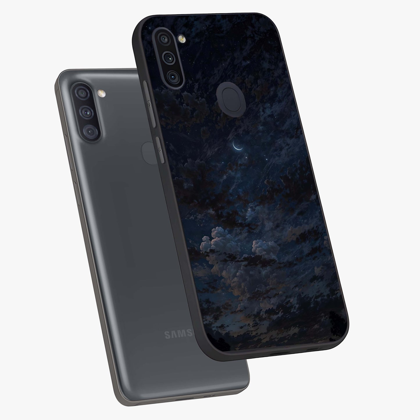 Lunar Veil Silence Glass Case displayed in angled mockup highlighting soft lunar design with peaceful celestial aesthetic.