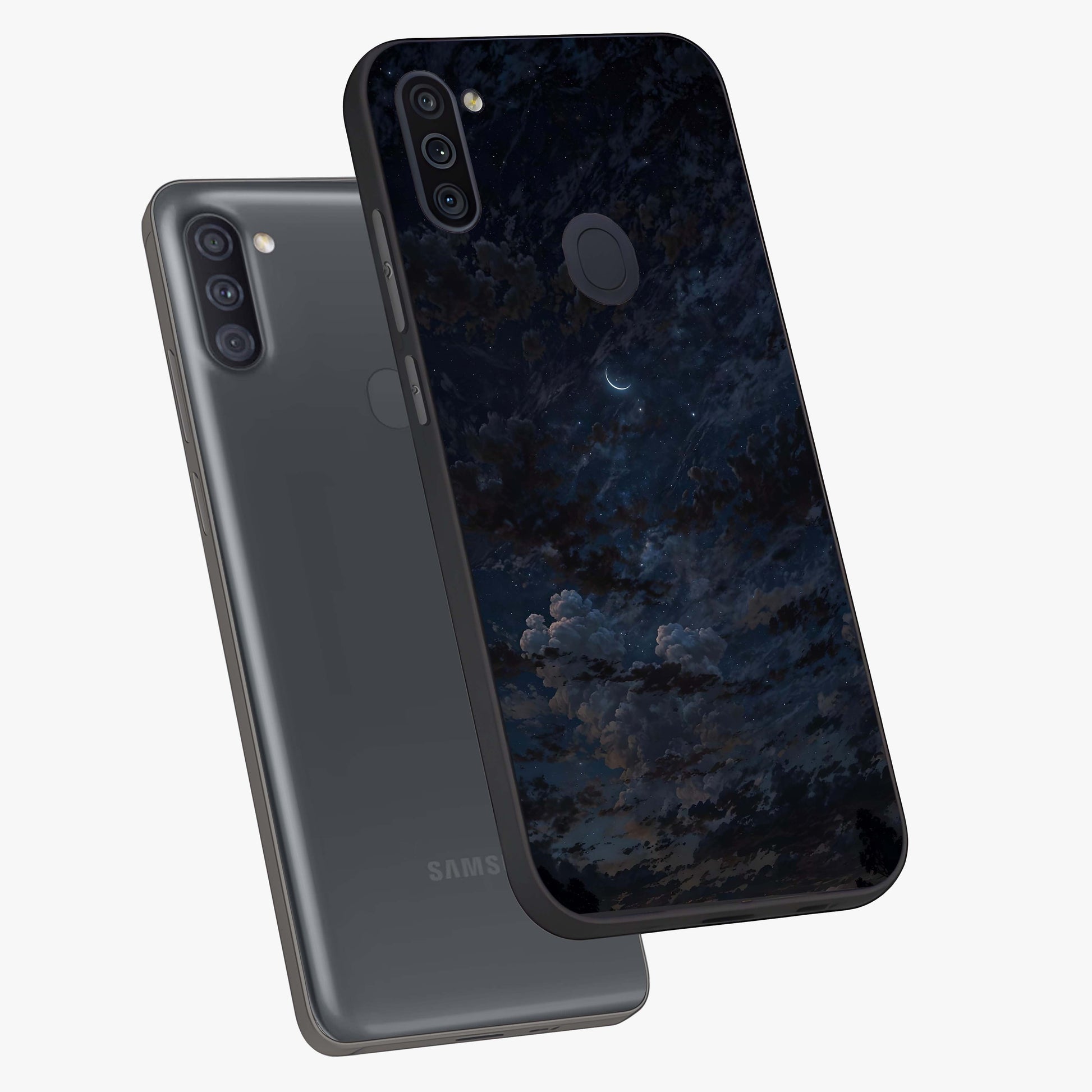 Lunar Veil Silence Glass Case displayed in angled mockup highlighting soft lunar design with peaceful celestial aesthetic.