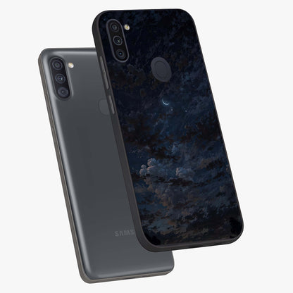 Lunar Veil Silence Glass Case displayed in angled mockup highlighting soft lunar design with peaceful celestial aesthetic.