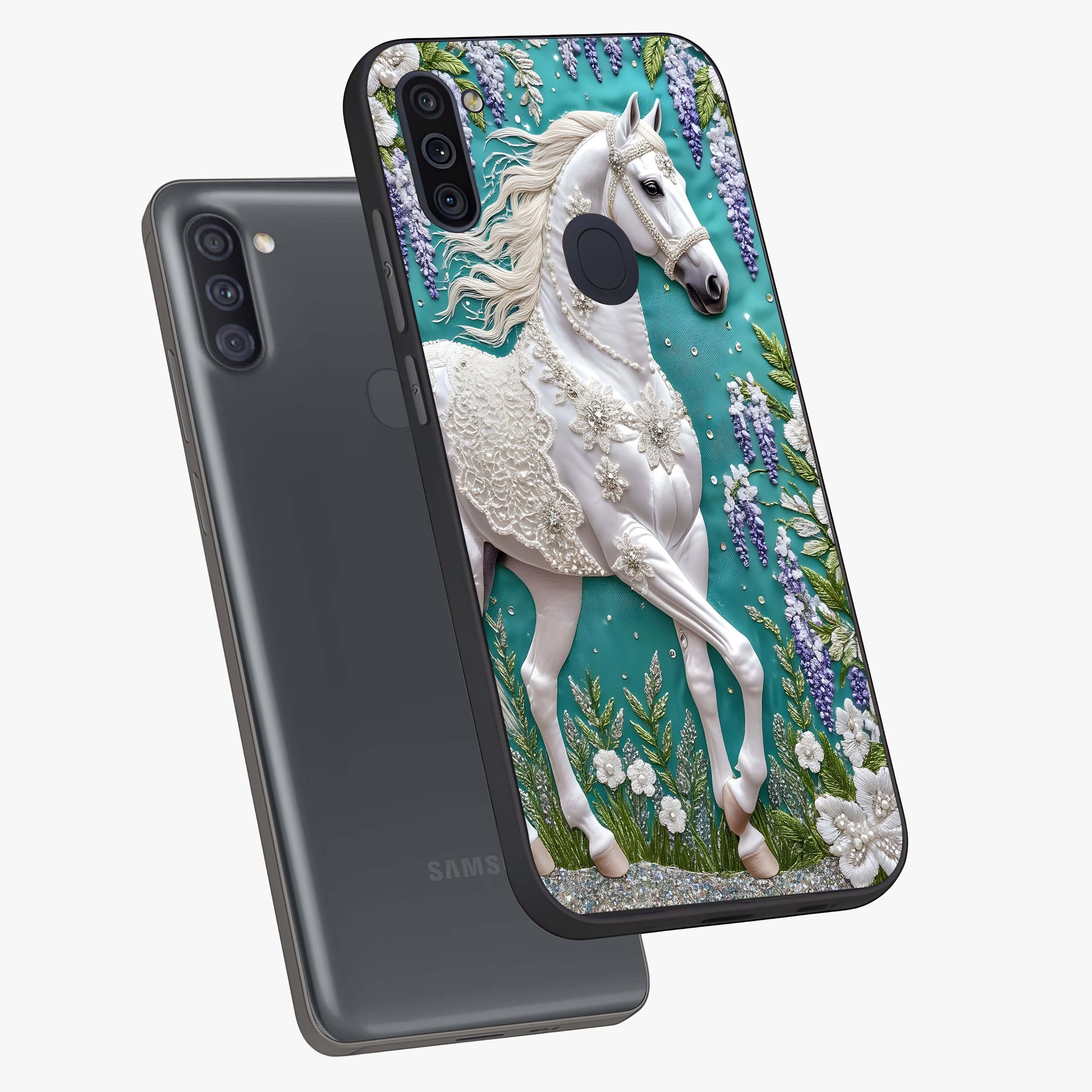Majestic Floral Stallion Glass Case displayed in angled mockup highlighting majestic stallion illustration with elegant floral aesthetic.