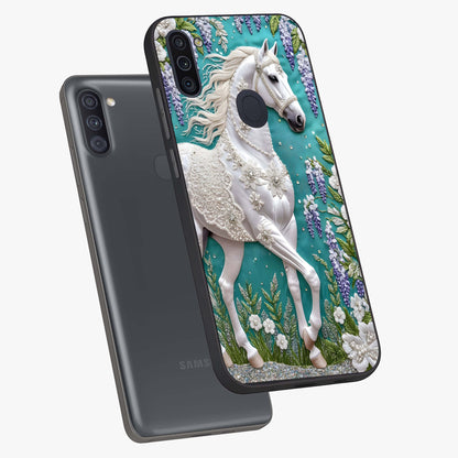 Majestic Floral Stallion Glass Case displayed in angled mockup highlighting majestic stallion illustration with elegant floral aesthetic.