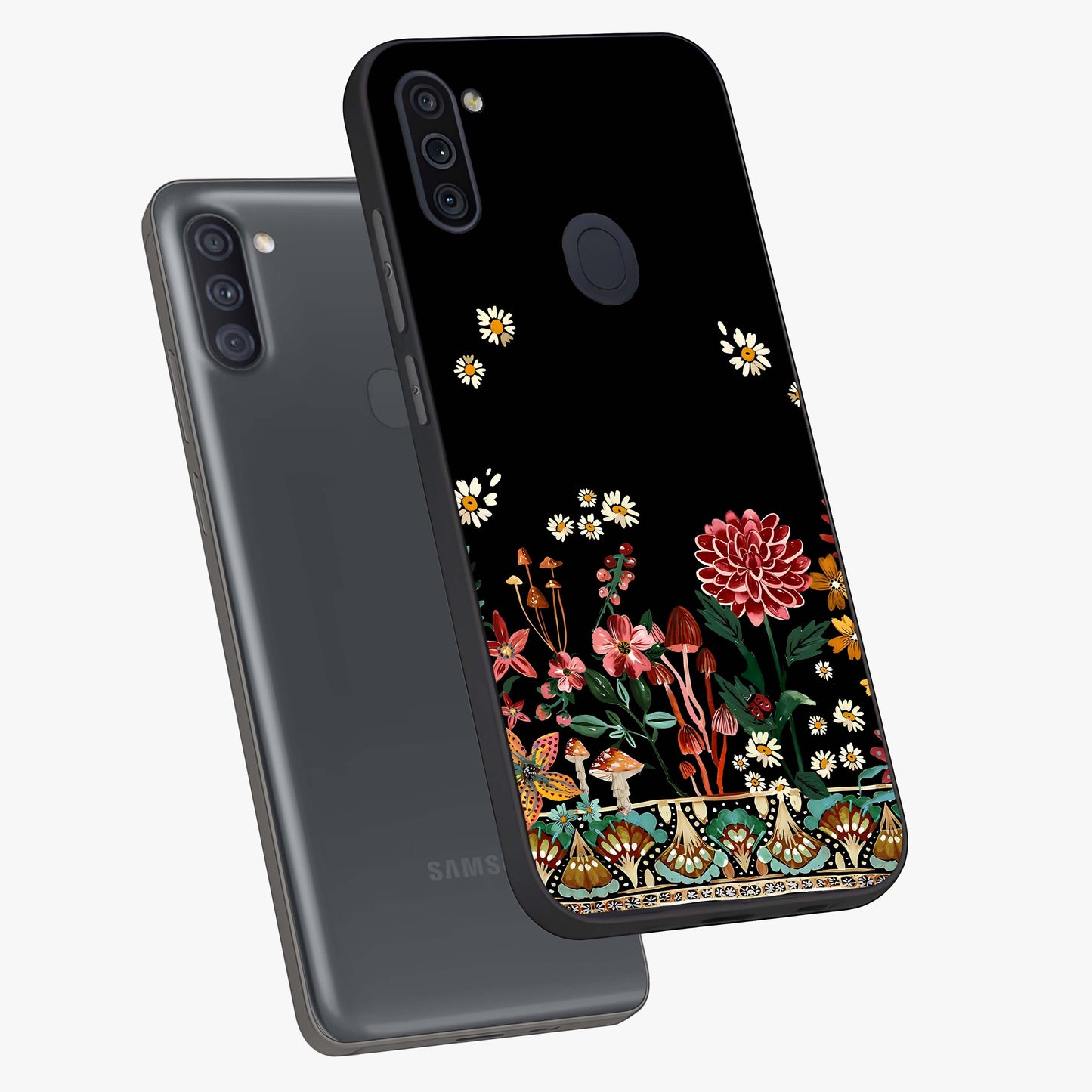 Midnight Bloom Pattern Glass Case displayed in angled mockup highlighting elegant flower design with midnight aesthetic style.